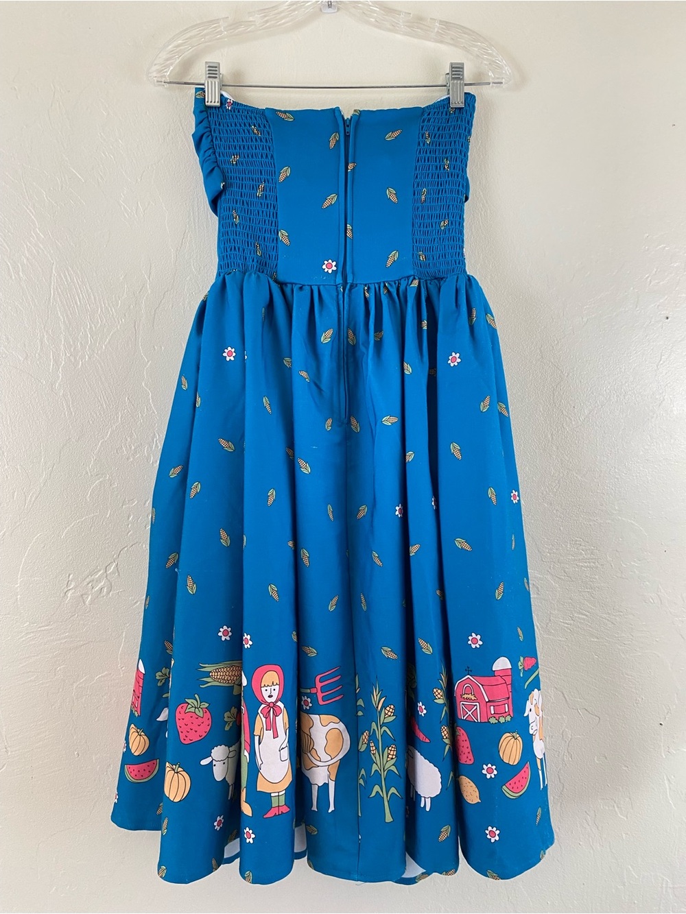 Unique Vintage Size Small Teal Blue Fall Farm Graphic Print Full Midi Dress - Picture 5 of 6